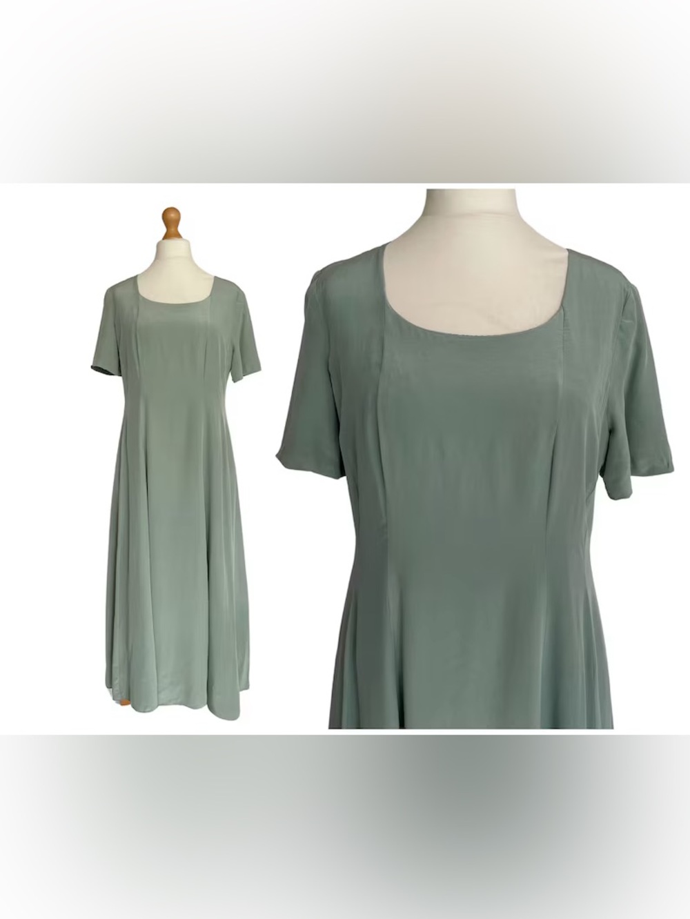 Vintage Laura Ashley 100% Silk Sage Green 1990s Dress | UK Size 16-18